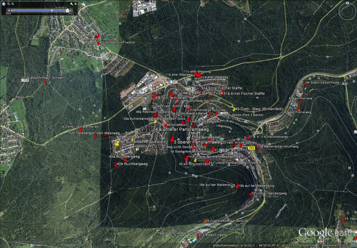 Karte der Bänke in Neuenbürg, die von der Initiative Wir in Neuebürg e.V. renoviert wurden